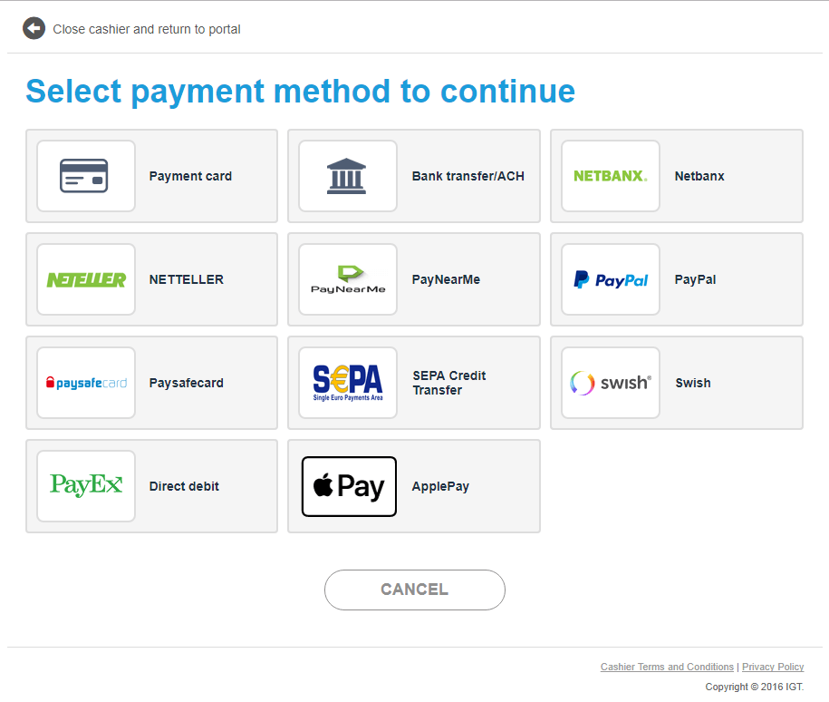 Cashier - List of available methods